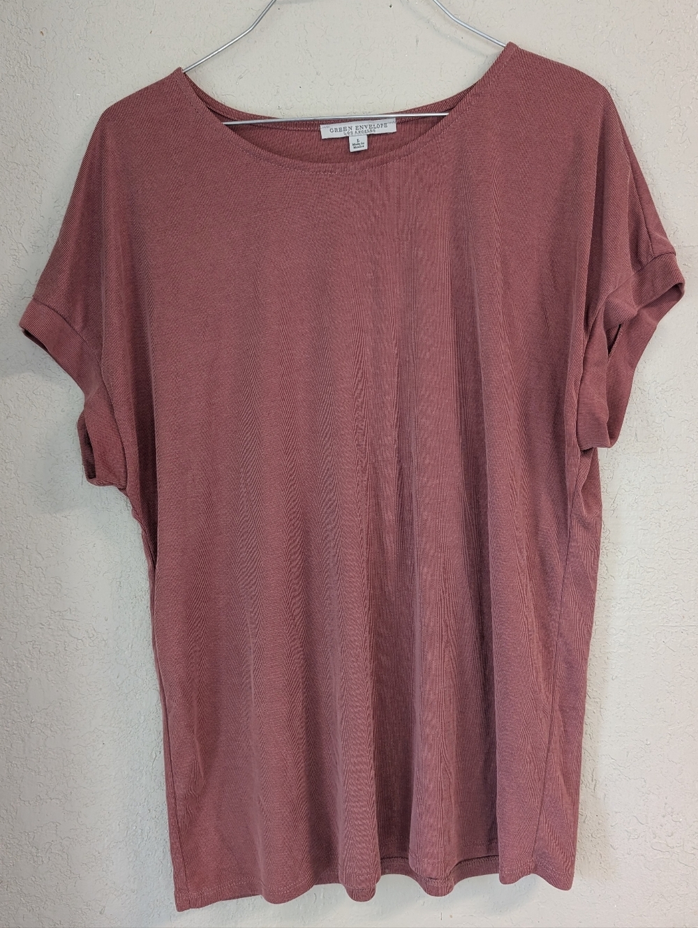 Dusty Rose Relaxed Short Sleeve Tee L Elevated Basic Casual Boho Drapey Knit